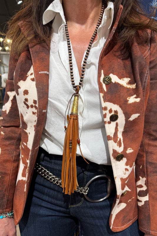 Tan Deersuede Fringe on Copper Pearl Necklace by Amy Kaplan