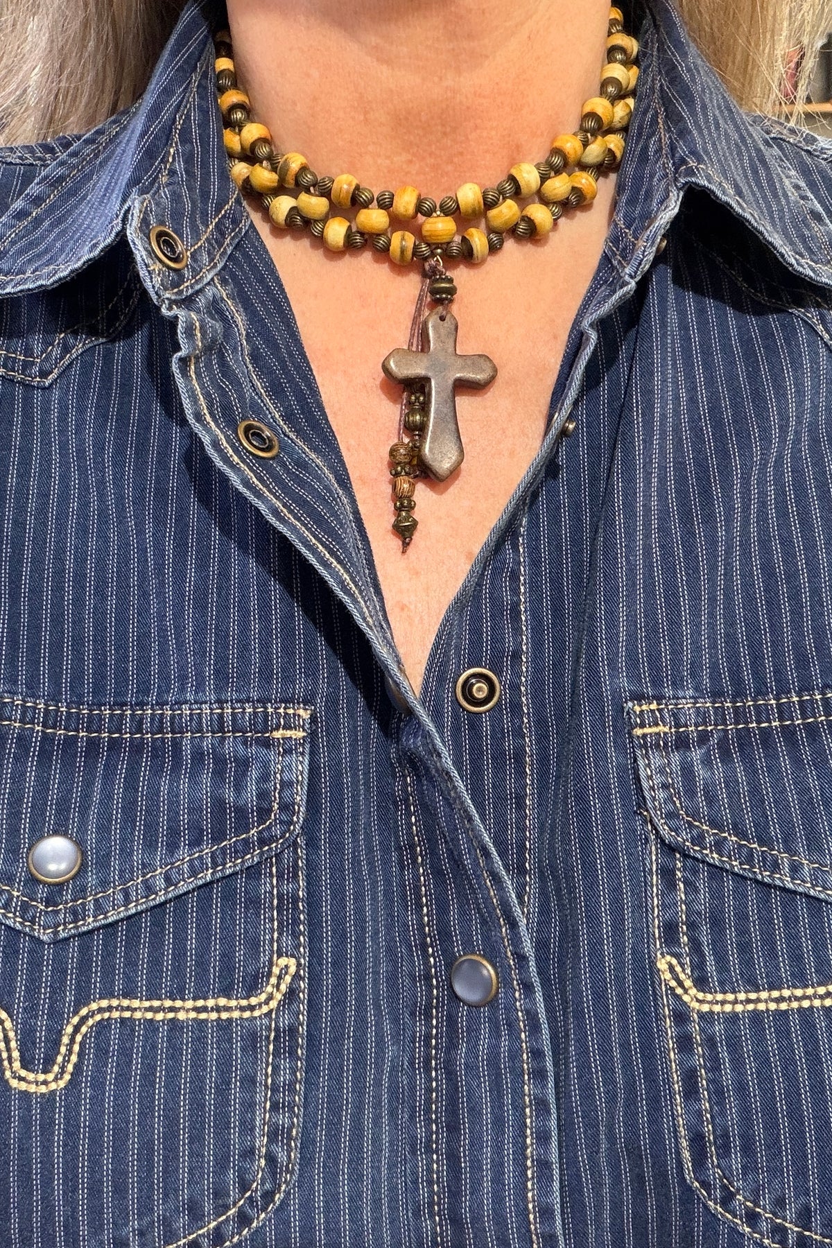 Woven Horn Beads with Agate Cross Necklace by Amy Kaplan