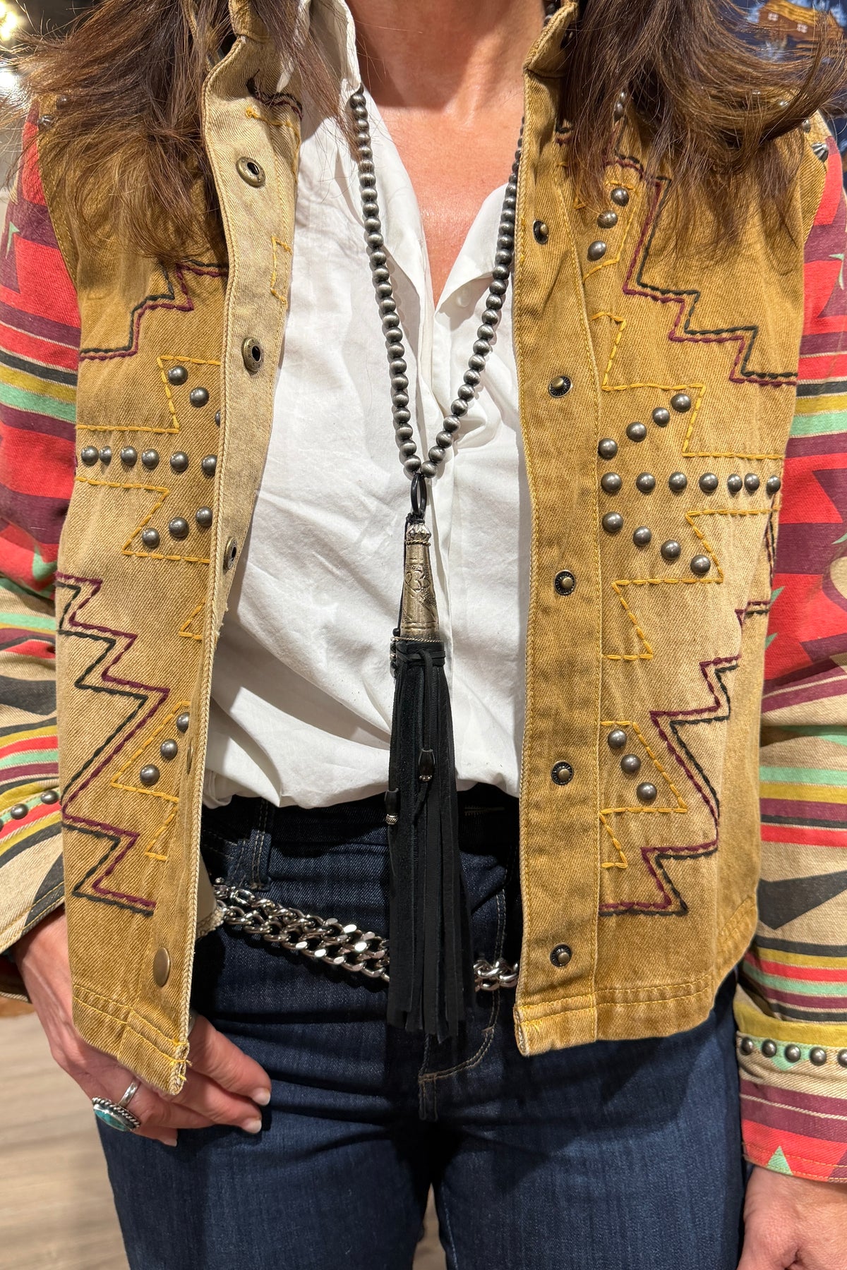 Black Deersuede Fringe on Silver Pearl Necklace by Amy Kaplan