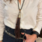 Dark Brown Deersuede Fringe on Silver Pearl Necklace by Amy Kaplan