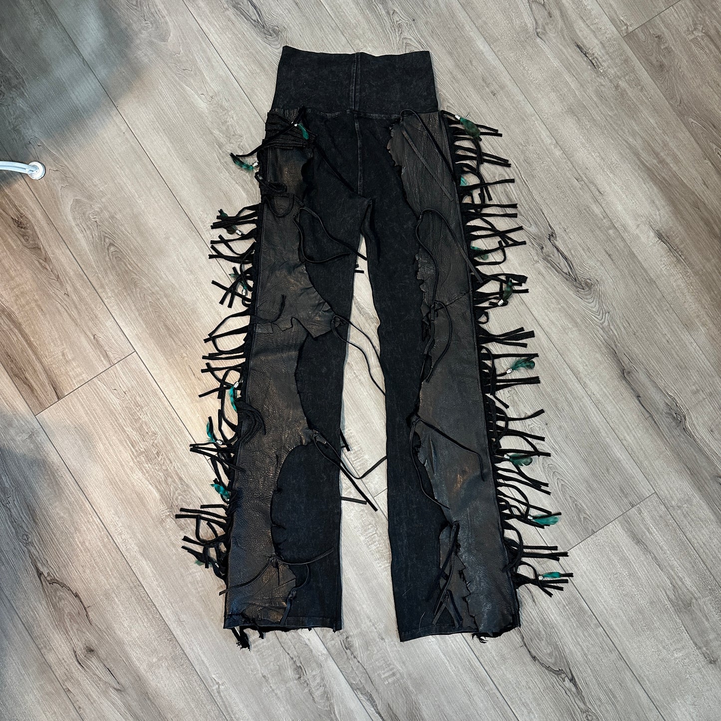 Chap Full Fringe & Feathers Ragged Leather Pants by Pat Dahnke -Black