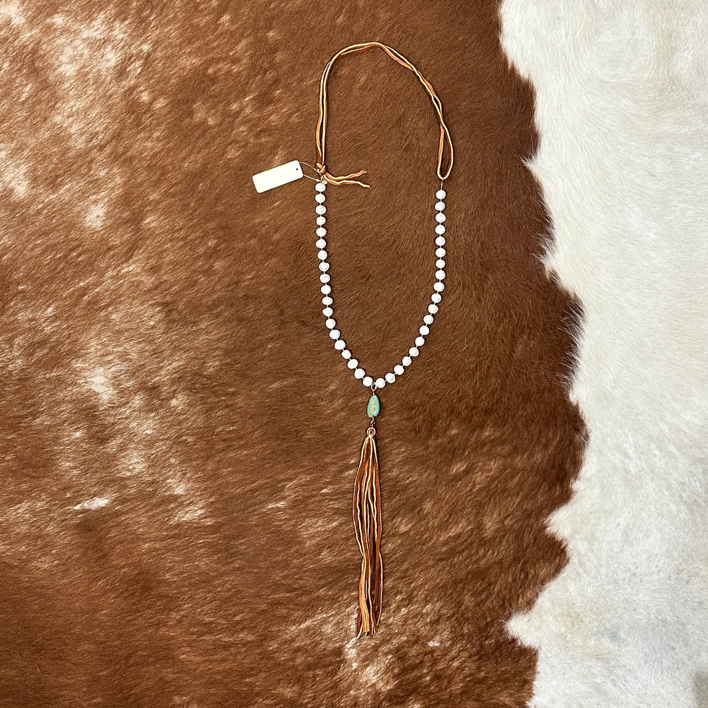 Freshwater Pearl, Turquoise & Leather Tassel Necklace