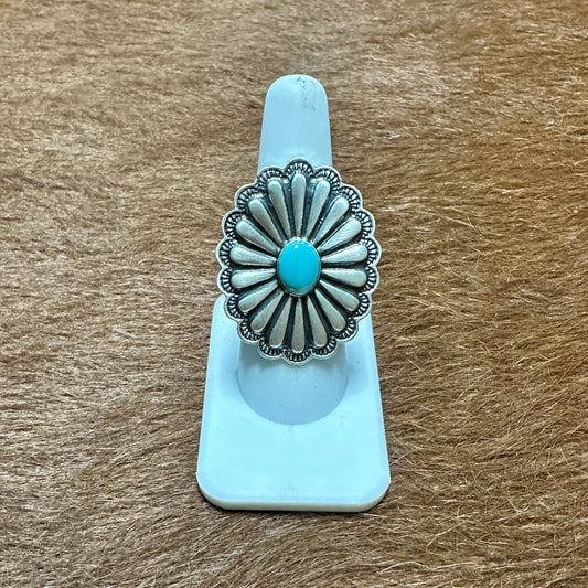 Silver ring with turquoise center on a white stand.