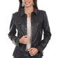 Woman in black leather jacket preview