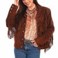 Woman wearing brown fringed jacket