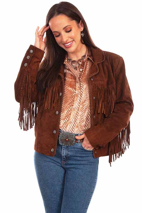 Woman wearing brown fringed jacket