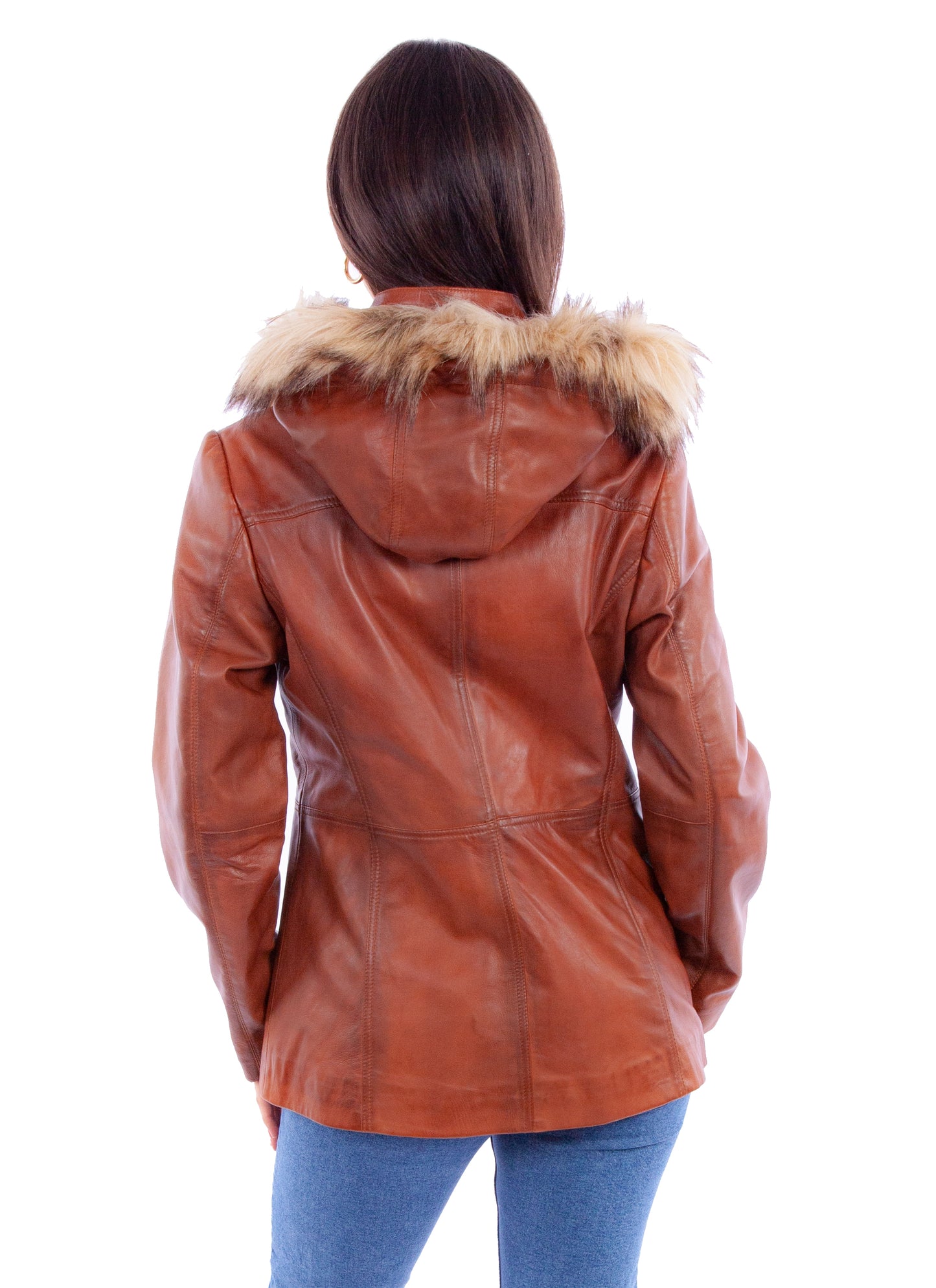 Brown leather jacket with fur hood