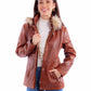 Brown leather jacket with fur hood on woman