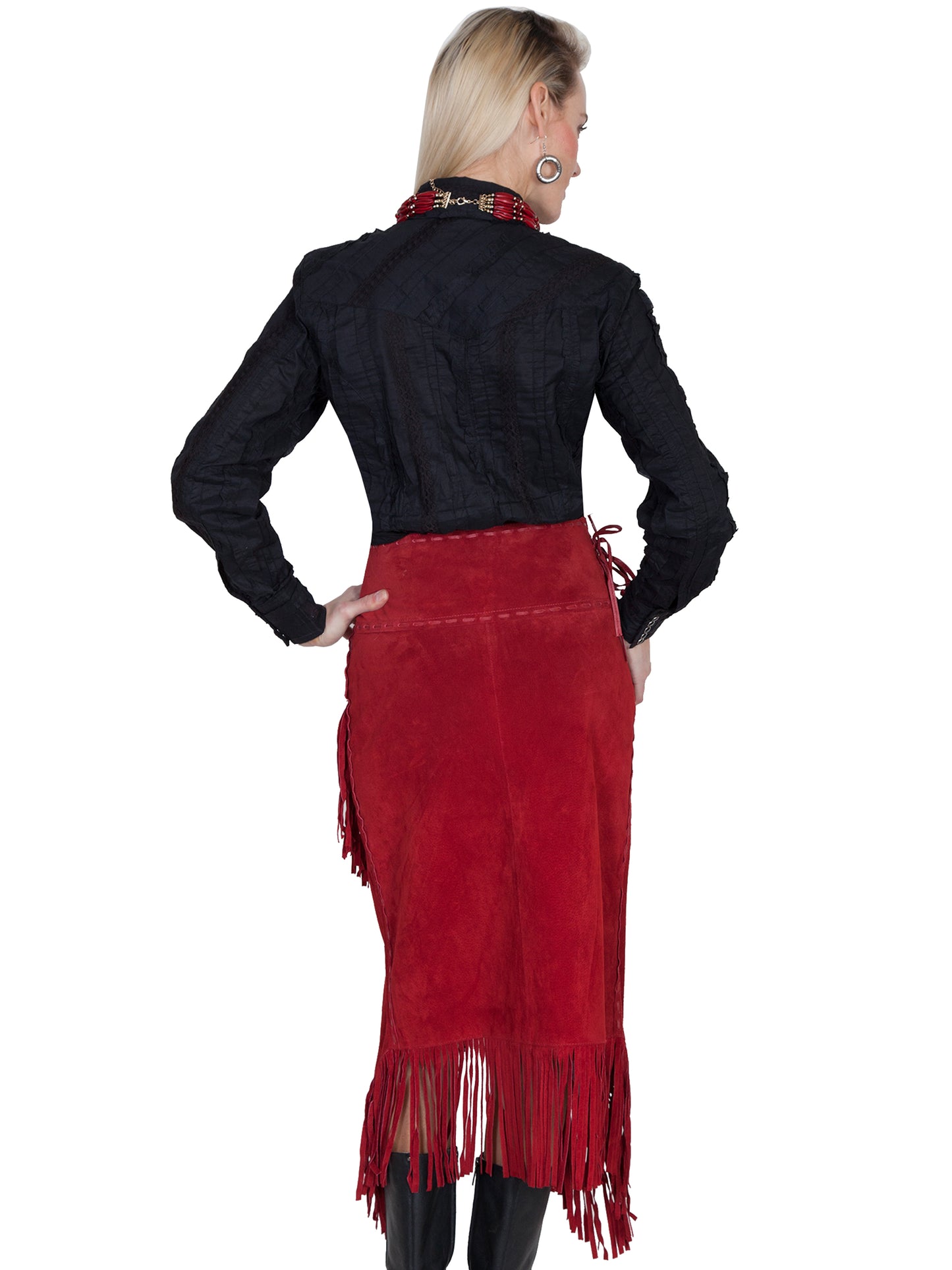 L659-27-BK red suede skirt with fringe