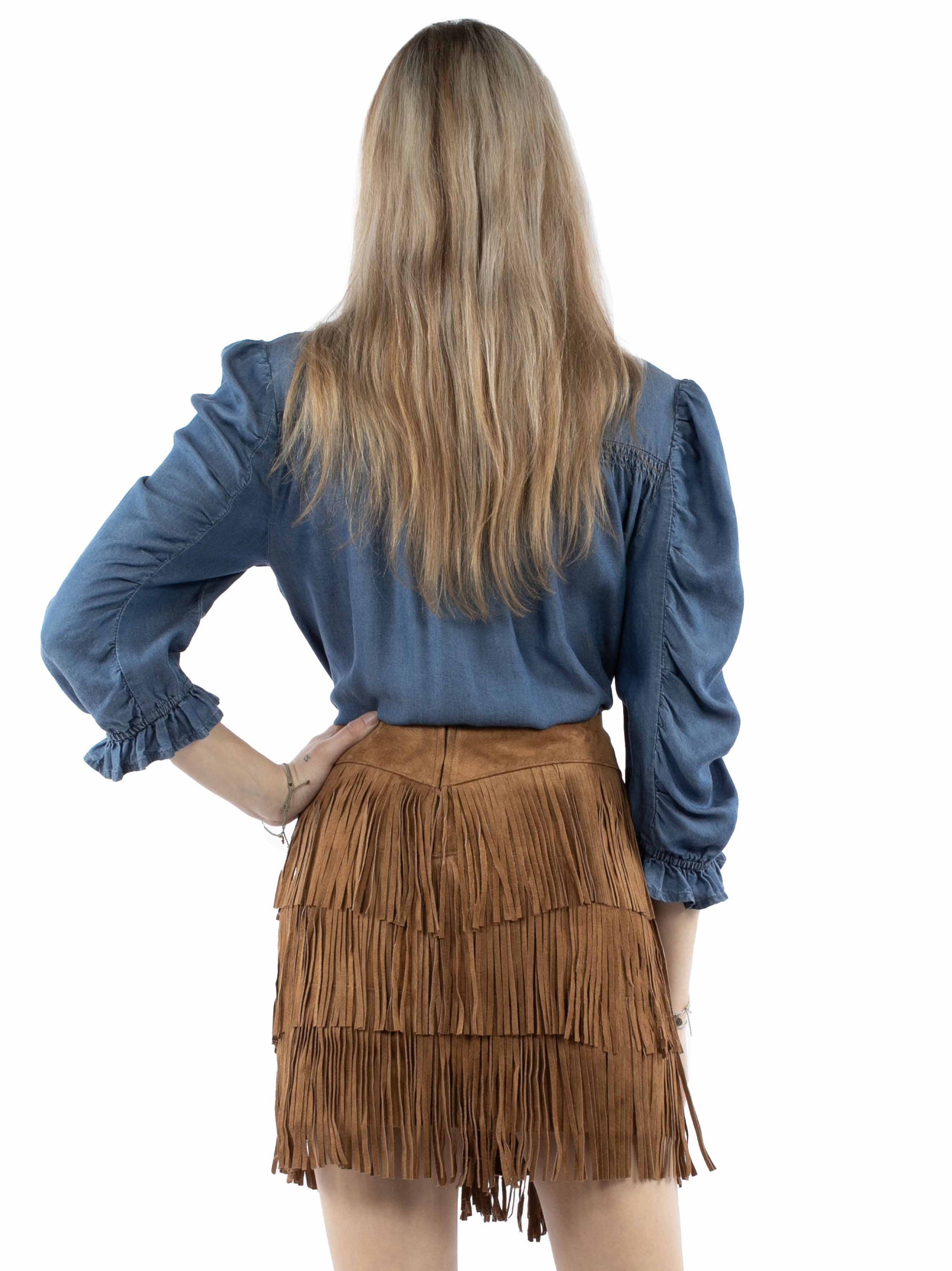 Denim top and fringe skirt