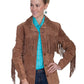 Woman in brown suede fringe jacket