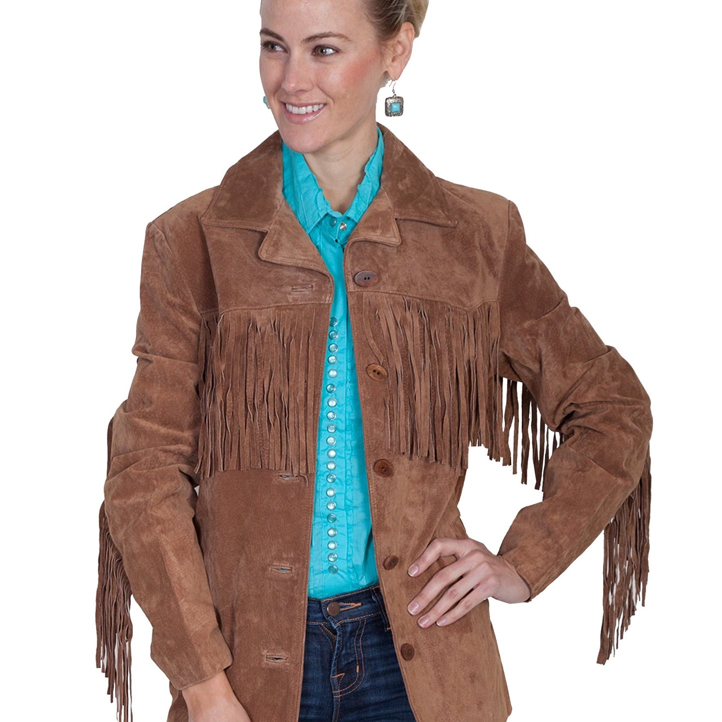 Woman in brown suede fringe jacket