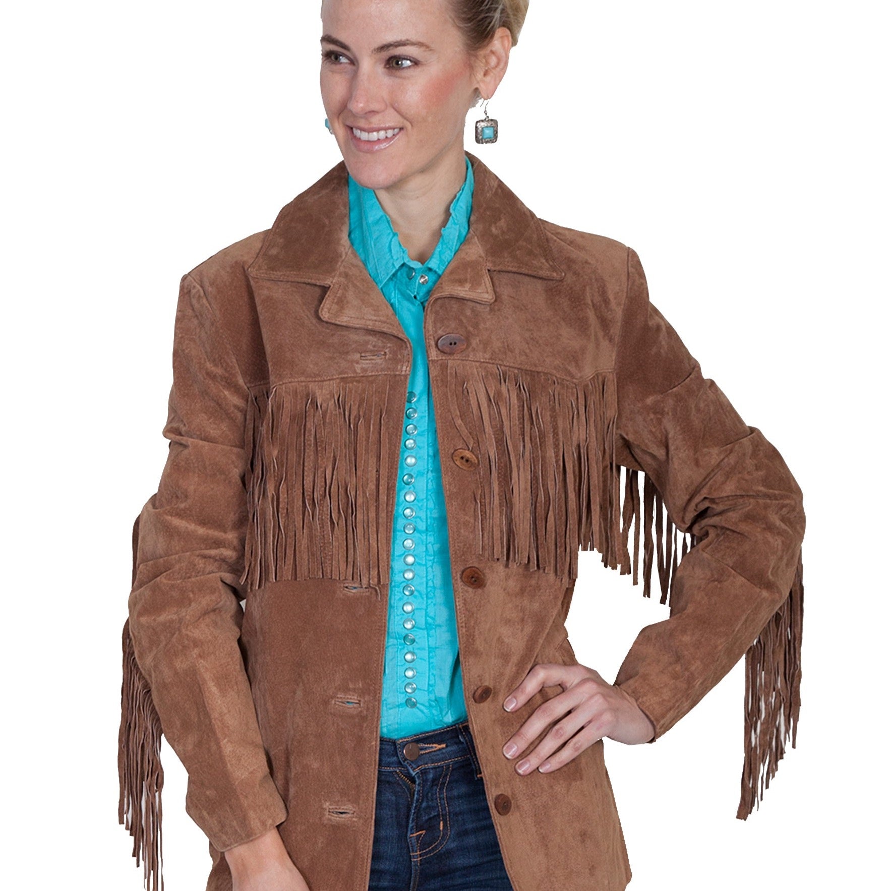 Woman in brown suede fringe jacket