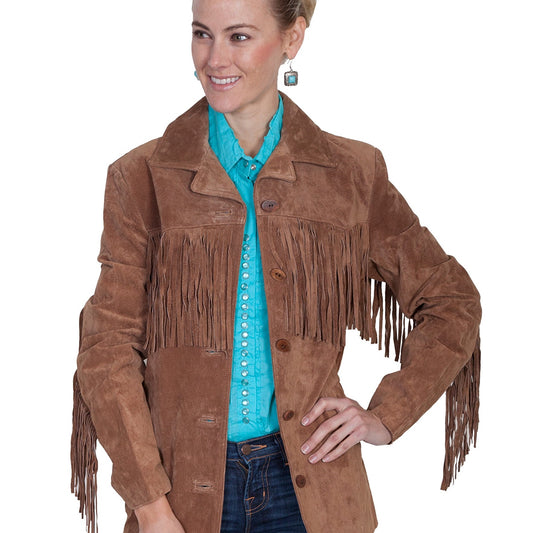 Woman in brown suede fringe jacket