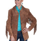 Woman in brown suede fringe jacket