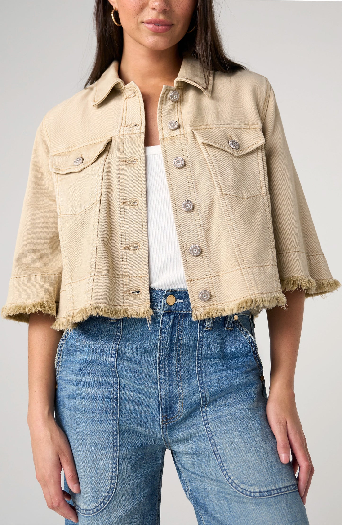3/4 Sleeve Frayed Flounce Jacket in Khaki by Liverpool