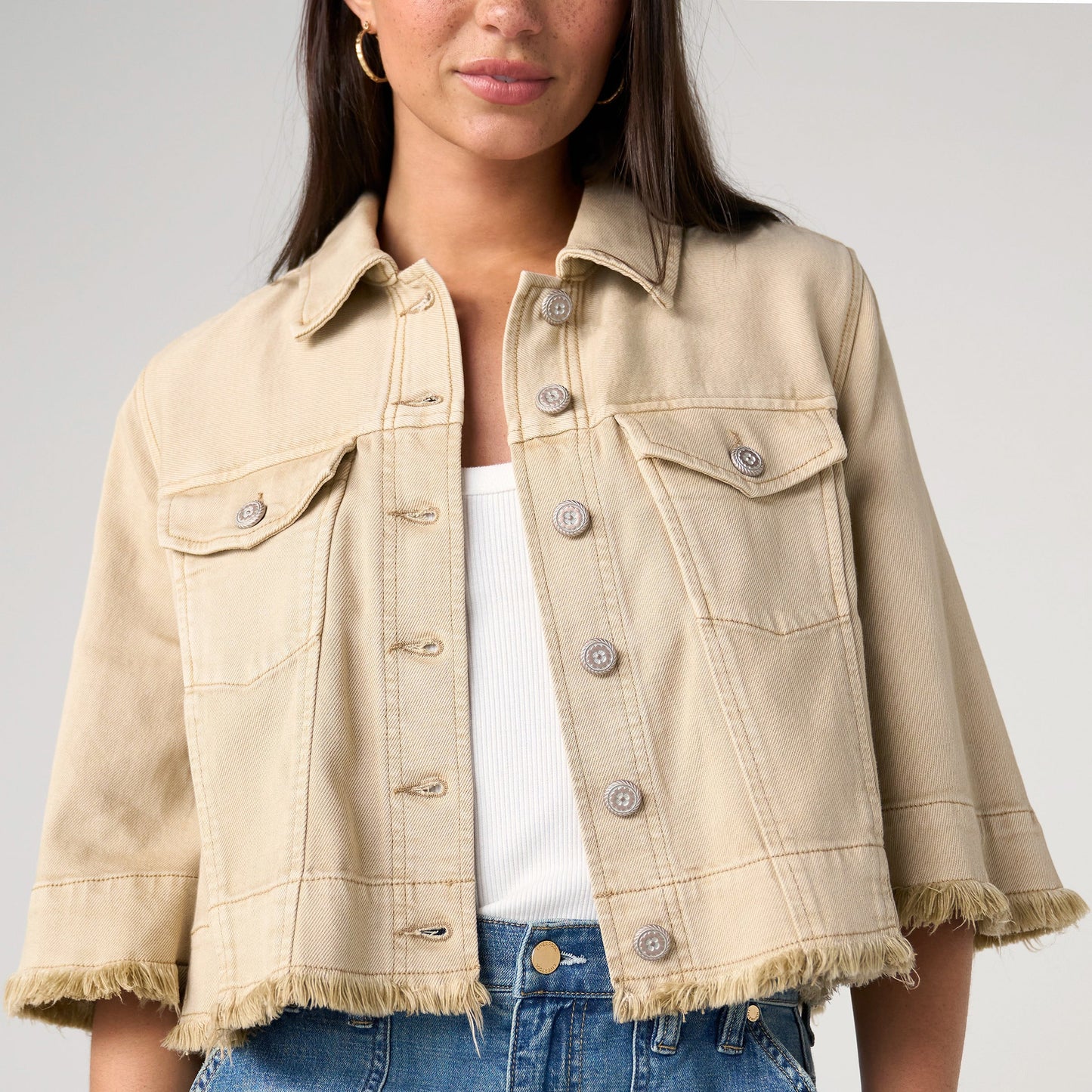 3/4 Sleeve Frayed Flounce Jacket in Khaki by Liverpool