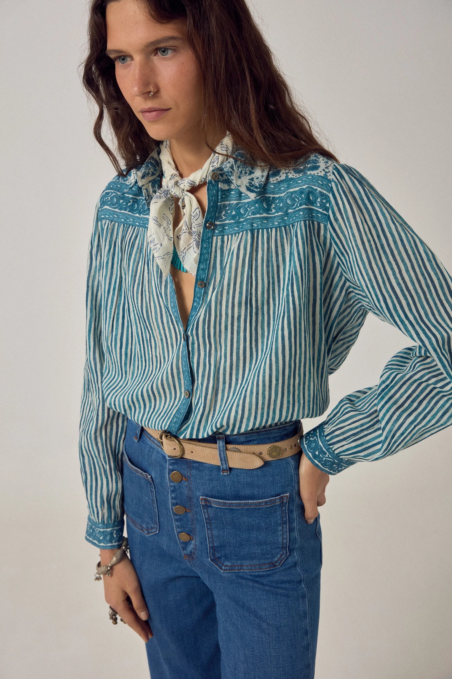 Maria Shirt Mediterranean Stripes Blue Ink by Maison Hotel