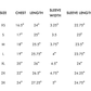 Mesh shirt size chart with chest, length, sleeve dimensions.