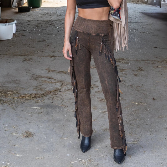 Chap Full Fringe and Feathers Pants by Pat Dahnke - Brown