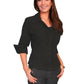 Woman wearing PSL-063-BLK black button-down shirt
