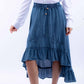 Blue denim high-low skirt with embroidery
