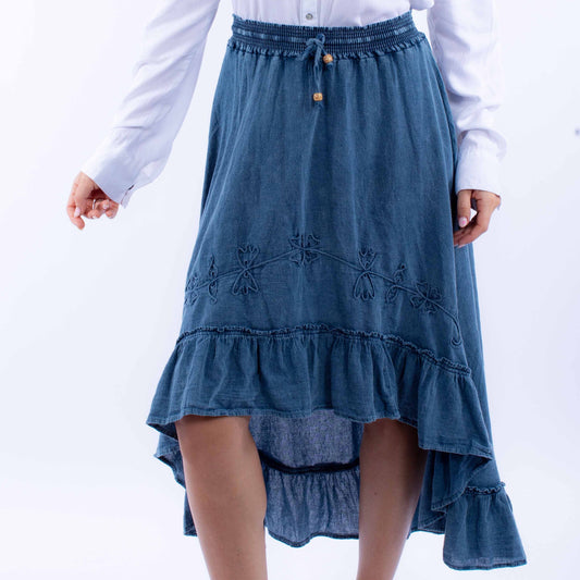 Blue denim high-low skirt with embroidery