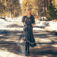 Mariana Dress in Onyx Gray - woman on road in winter
