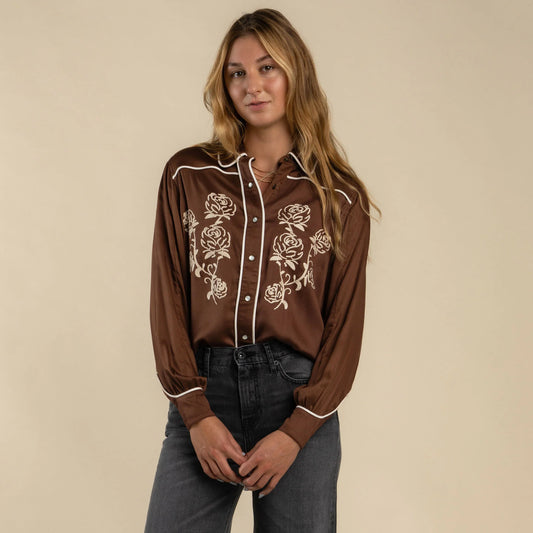 Sendero Dakota Embroidered Long Sleeve Mocha Western Shirt Bourbon Cowgirl