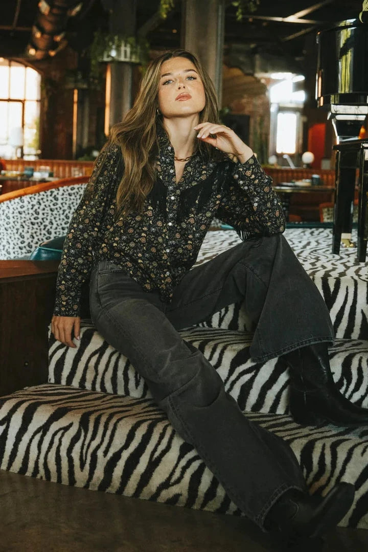 June Western Blouse by Sendero Provisions -Black Floral