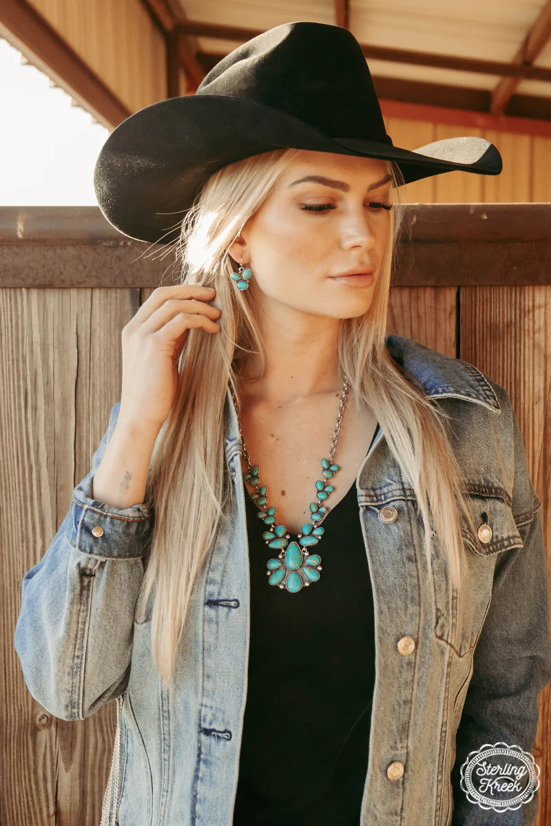 Woman in cowboy hat and turquoise jewelry, STAGECOUCH6.
