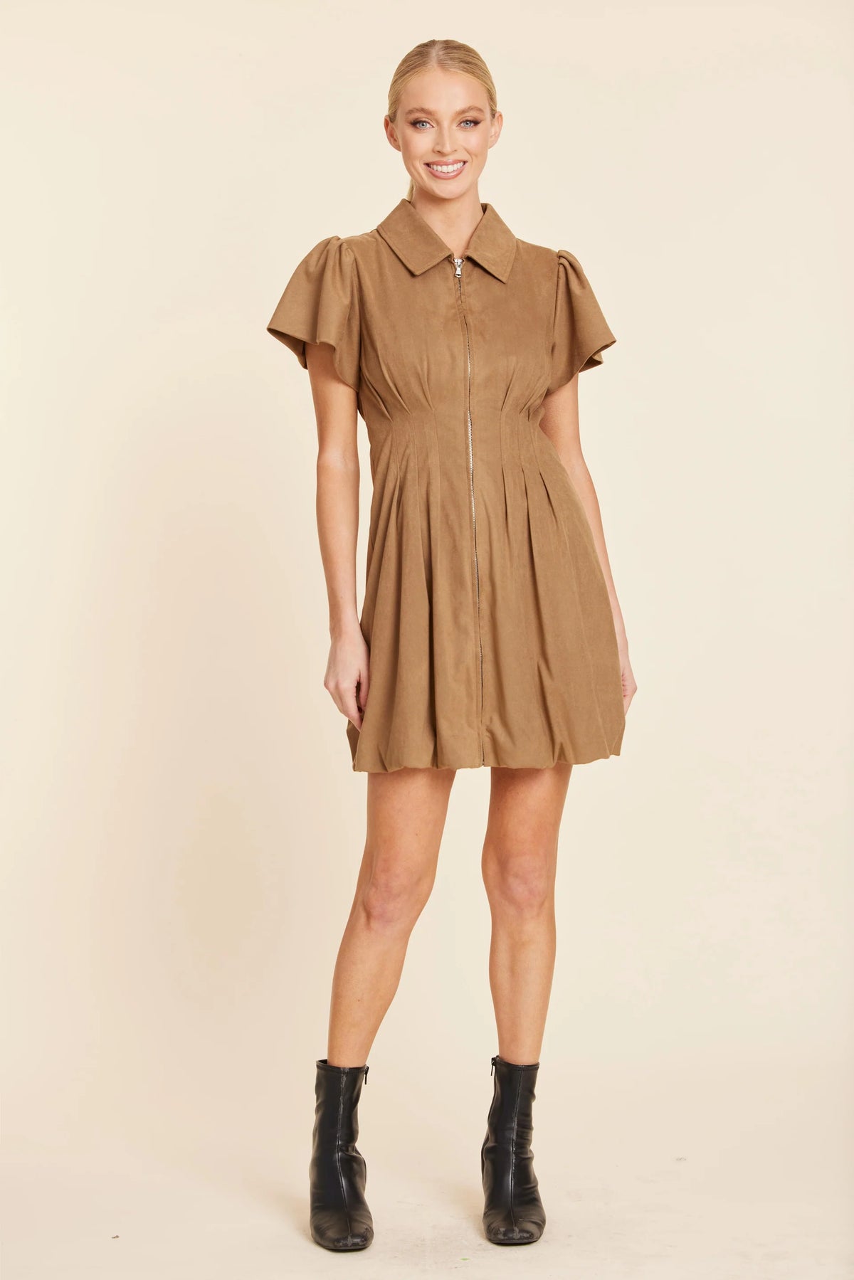 Faux Suede Bubble Dress in Tobacco