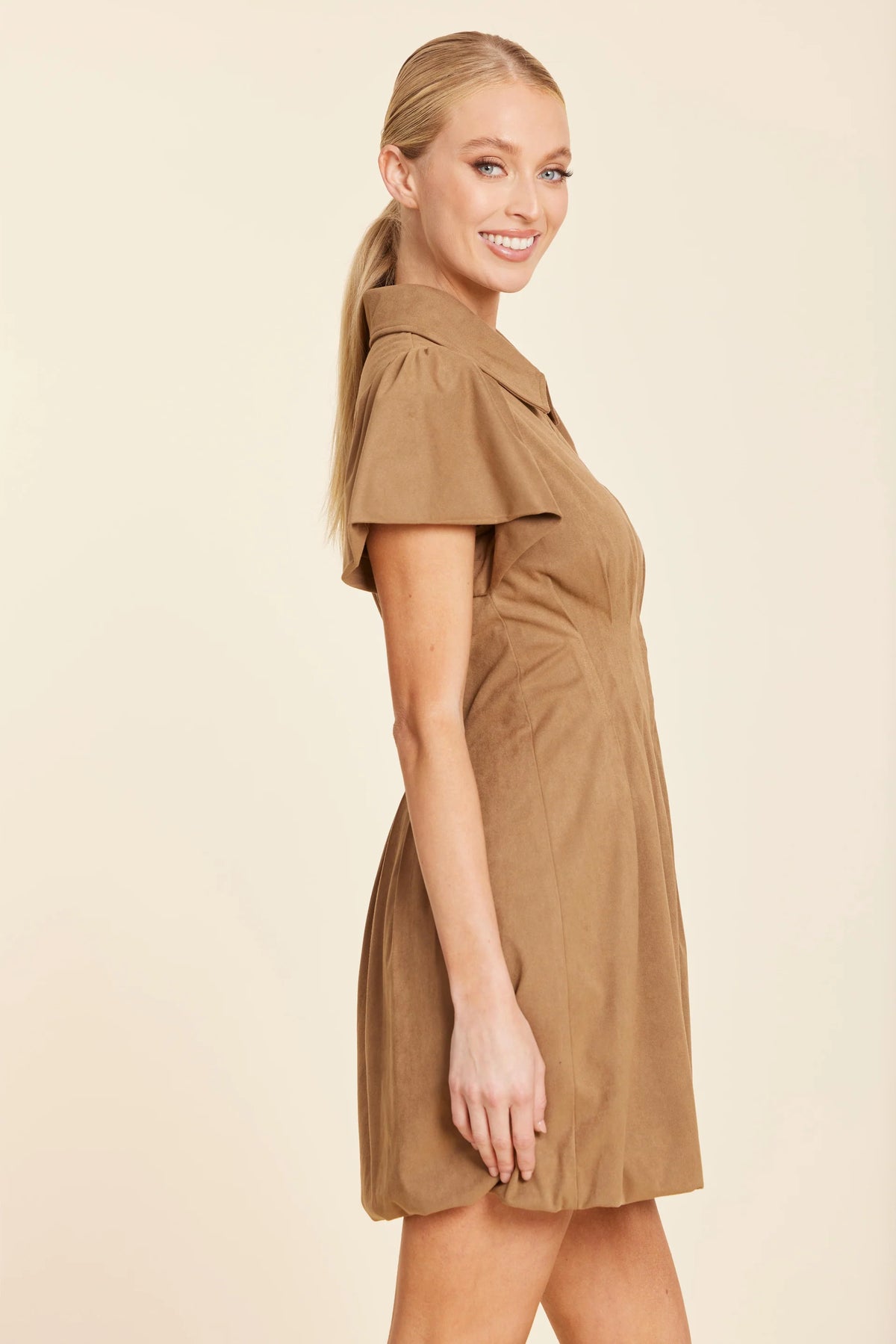 Faux Suede Bubble Dress in Tobacco
