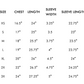 Clothing size chart with chest, length, sleeve width, and sleeve length...