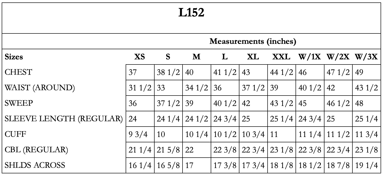 L152 size chart screenshot, measurements in inches.