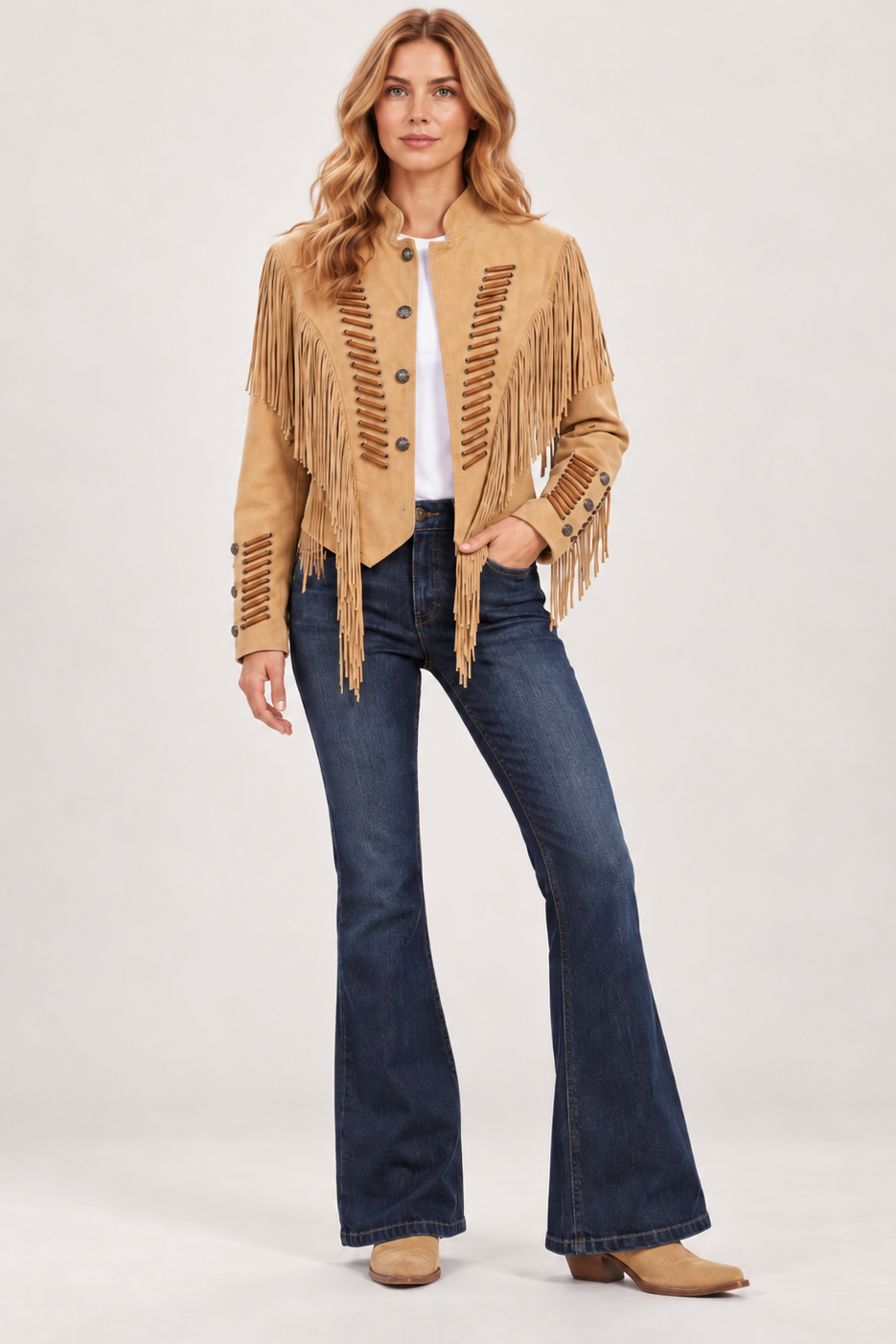 Suede Fringe Lacing Jacket with Bone Bead Details by Scully Leather - Old Rust
