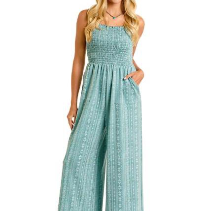 StyleBWR6J06294 Jumpsuit - Women's Wide Leg Smocked Jumpsuit