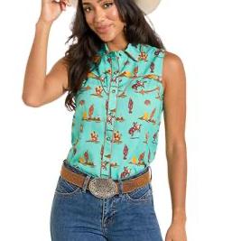 Style LWN0S06342 sleeveless turquoise western shirt