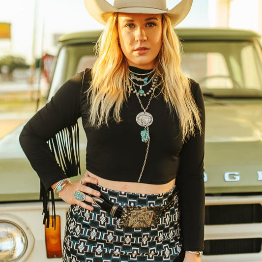 Cowgirl T0486-BLK__13 in black top and turquoise jewelry