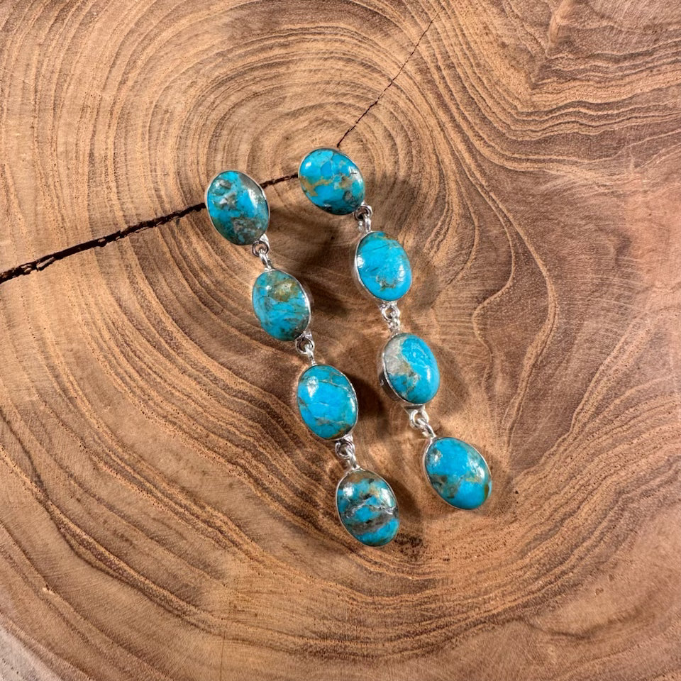 Turquoise 4 Oval Stone Post Silver Dangle Earrings