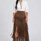 Faux Suede Fringe Western Midi Skirt