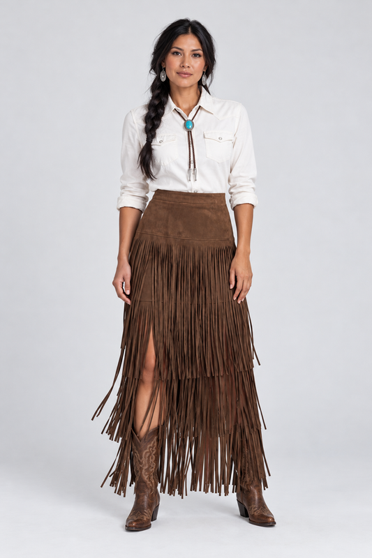 Faux Suede Fringe Western Midi Skirt