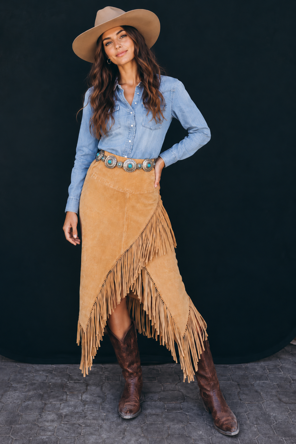 Long Suede Fringe Skirt by Scully in Old Rust