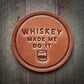 Leather coaster with text.