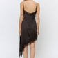Lace Trim Asymmetrical Hem Satin Midi Dress in Black