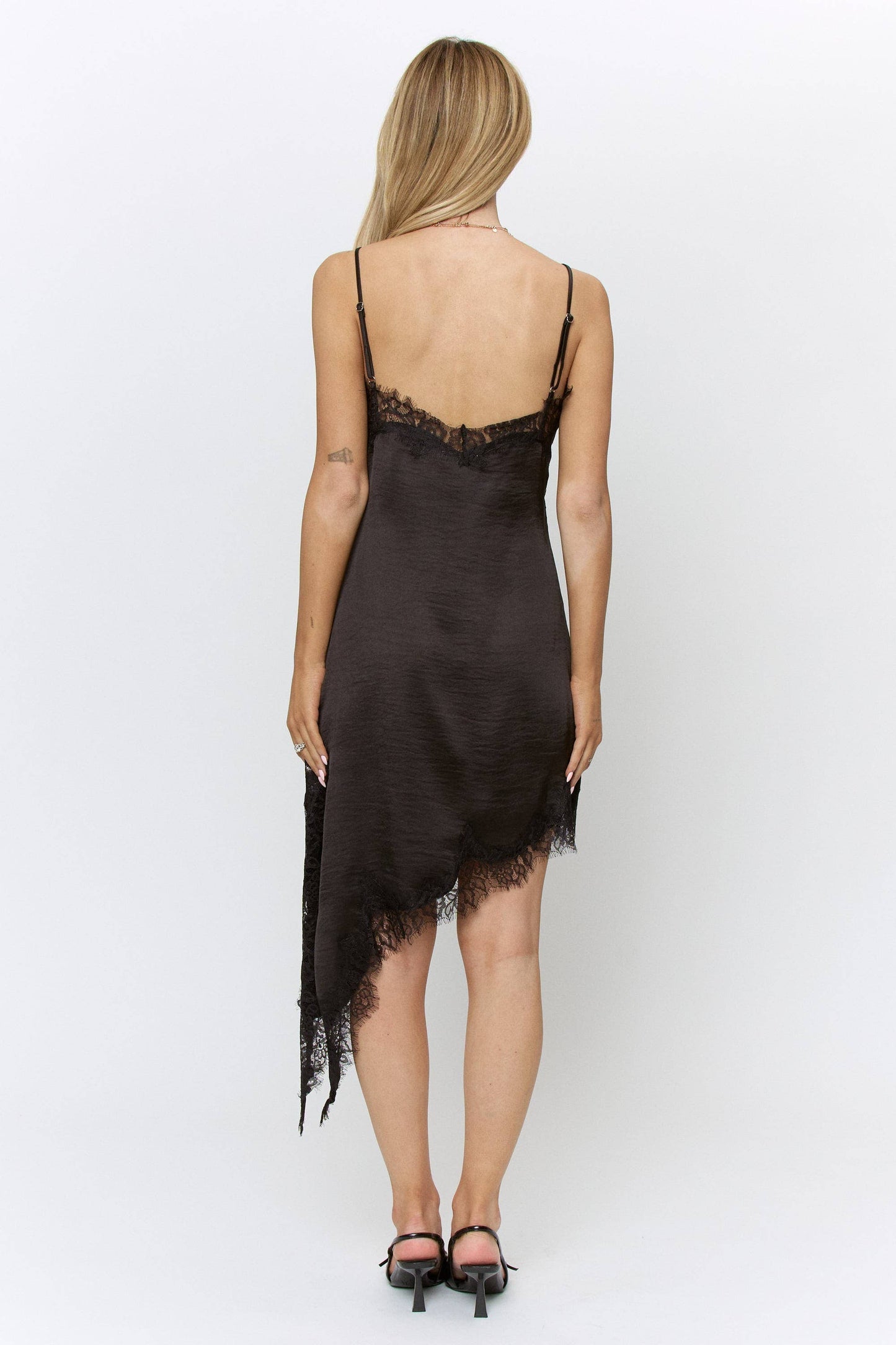 Lace Trim Asymmetrical Hem Satin Midi Dress in Black