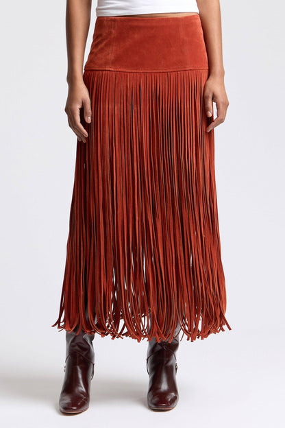 Faux Suede Fringe Maxi Skirt - Rust