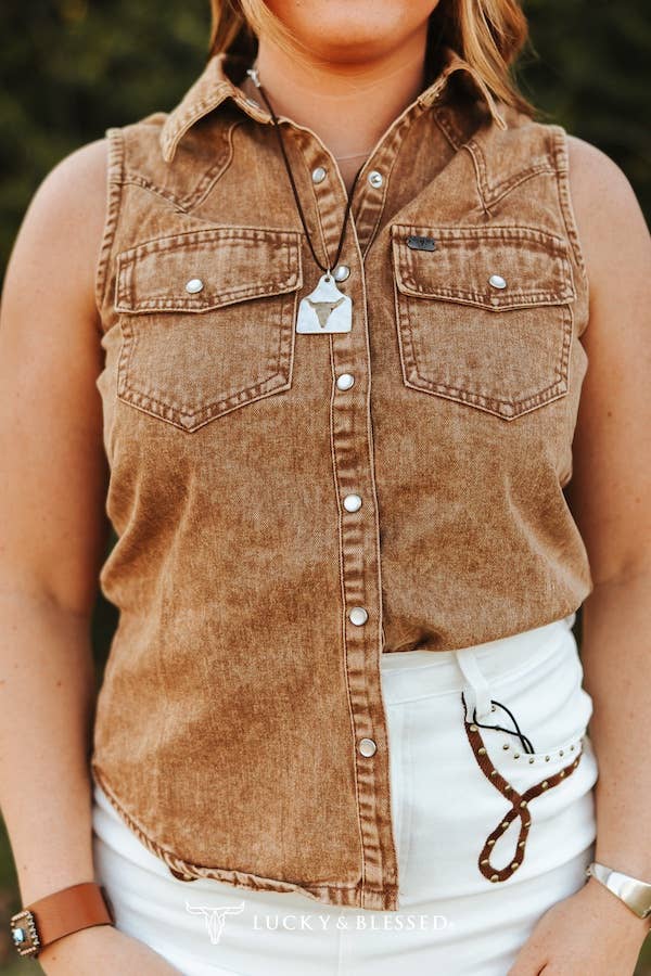 Camel Denim Button Down Sleeveless Shirt