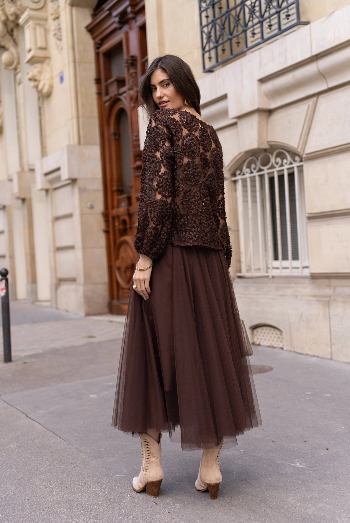 Aria Long Brown Tulle Maxi Skirt