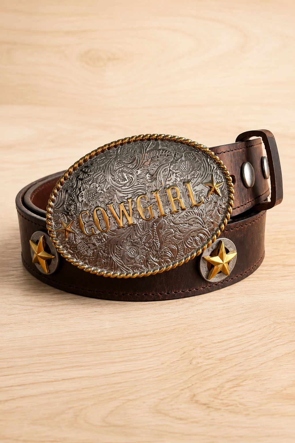 Annie Leather Belt with Cowgirl Buckle & Star Conchos in Brown - Bourbon Cowgirl Exclusive